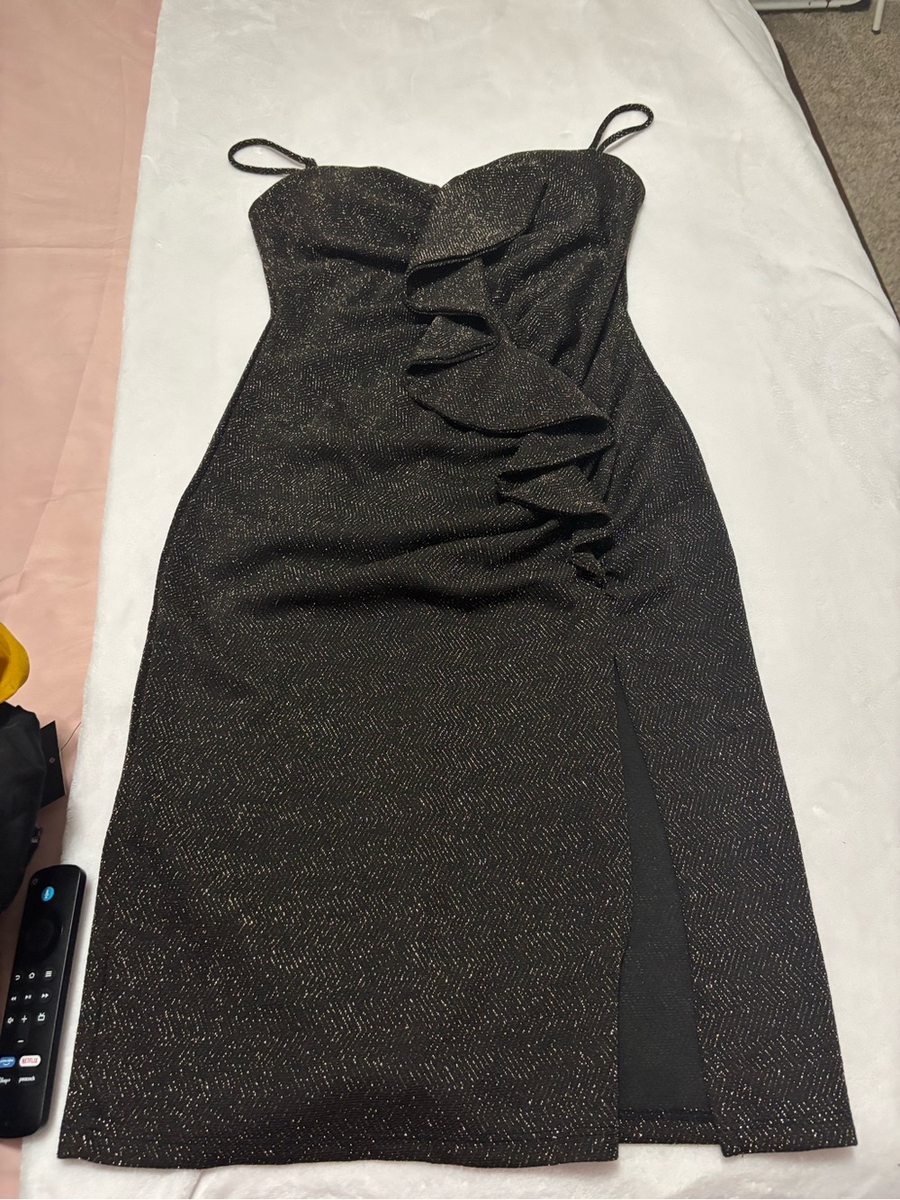Haute Monde Black Metallic Ruffle Midi Dress
